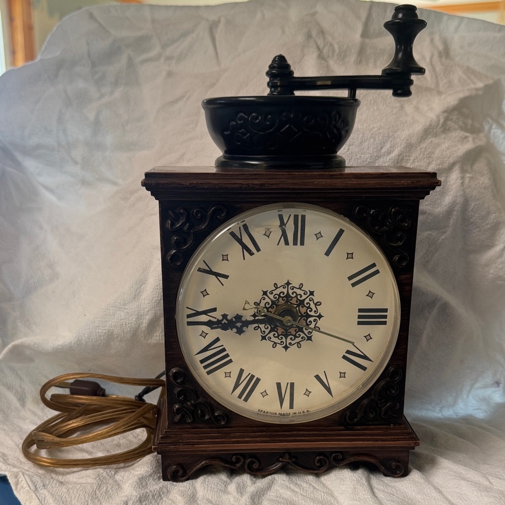 Vintage Sparta, USA, coffee grinder, corded plastic clock